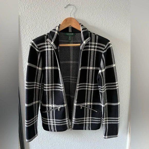 SOLD Ralph Lauren petite size Medium black and white plaid jacket - Picture 1 of 6